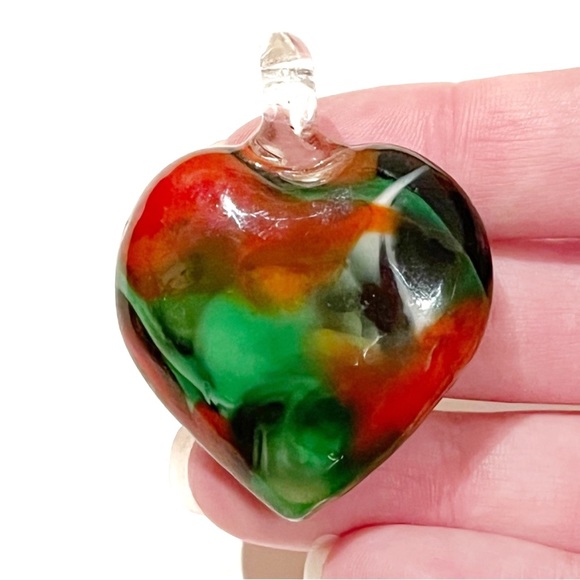 Large Art Glass Heart Necklace Pendant Red Green White Holiday Christmas Swirl - Picture 3 of 11